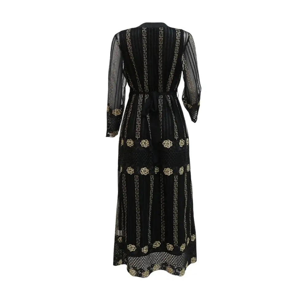 Black lace dress kraft abaya with teal gold embroidered gold floral and geometric embroidery and sheer three quarter sleeves