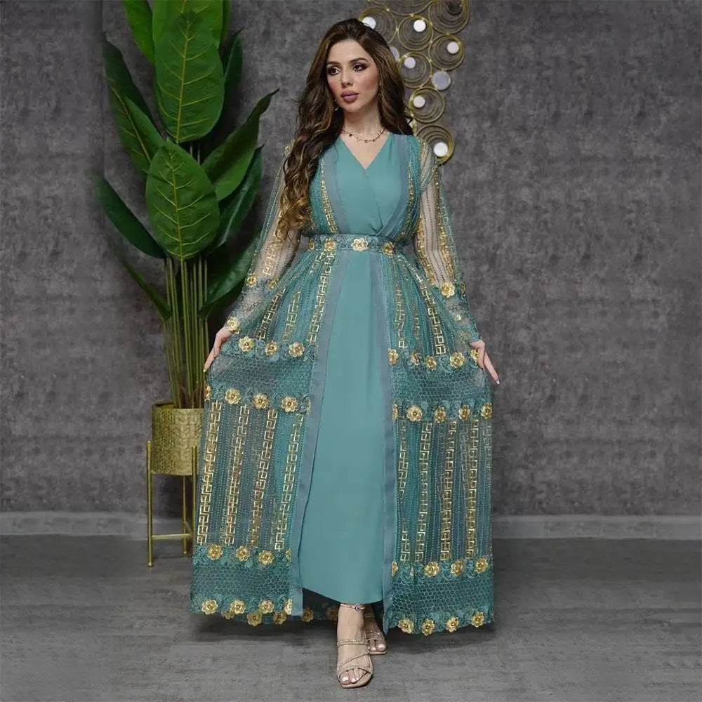 Teal gold embroidered dress kraft abaya with gold floral embroidery and sheer sleeves floor-length design