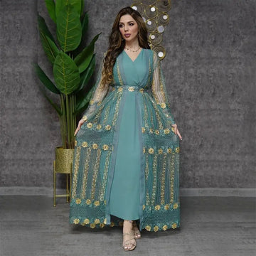 Teal gold embroidered dress kraft abaya with gold floral embroidery and sheer sleeves floor-length design