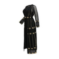 Black dress kraft abaya with teal gold embroidered floral design and sheer mesh sleeves for elegant occasions