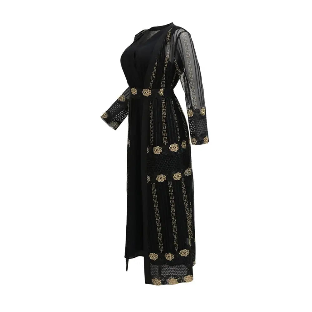 Black dress kraft abaya with teal gold embroidered floral design and sheer mesh sleeves for elegant occasions
