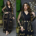Teal gold embroidered dress kraft abaya with black and gold floral lace overlay and intricate embroidery