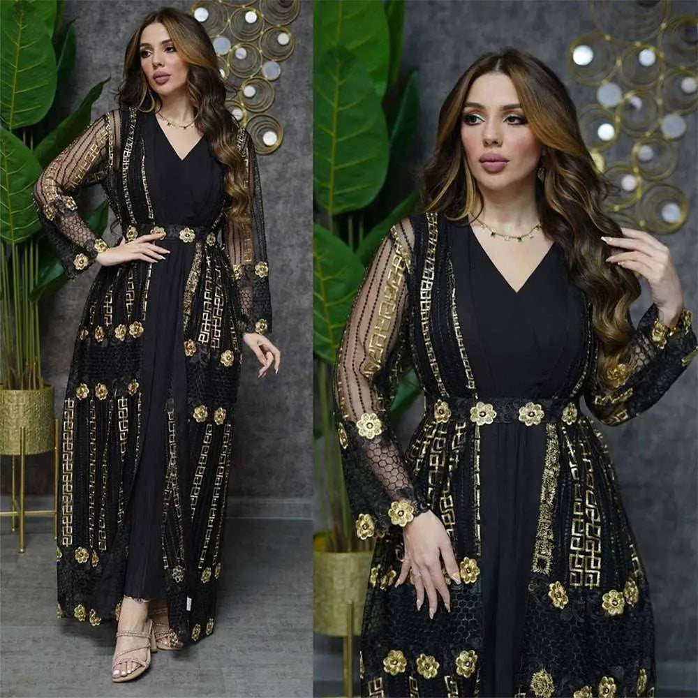 Teal gold embroidered dress kraft abaya with black and gold floral lace overlay and intricate embroidery