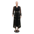 Black dress kraft abaya with teal gold embroidered sheer sleeves and gold floral patterns along the hemline