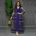 Elegant deep purple dress kraft abaya with teal gold embroidered floral and geometric details in floor-length design