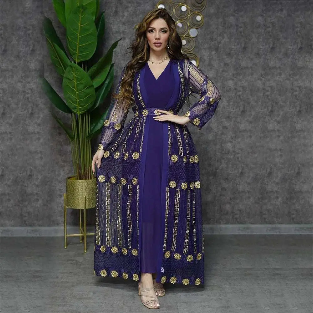 Elegant deep purple dress kraft abaya with teal gold embroidered floral and geometric details in floor-length design