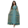 Teal gold embroidered dress kraft abaya featuring gold floral and geometric embroidery on long sleeves