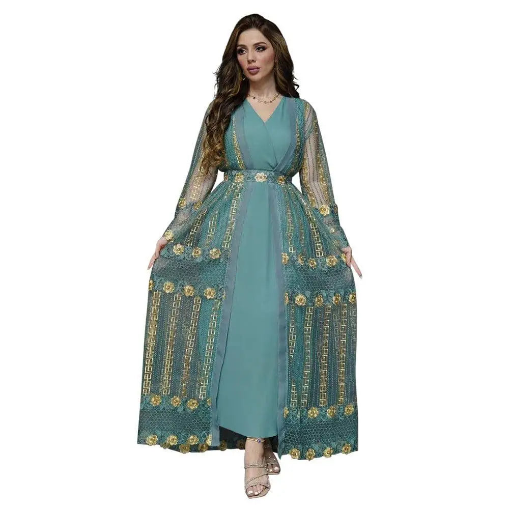 Teal gold embroidered dress kraft abaya featuring gold floral and geometric embroidery on long sleeves