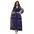 A deep purple dress kraft abaya with teal gold embroidered intricate gold floral embroidery on sheer mesh overlay