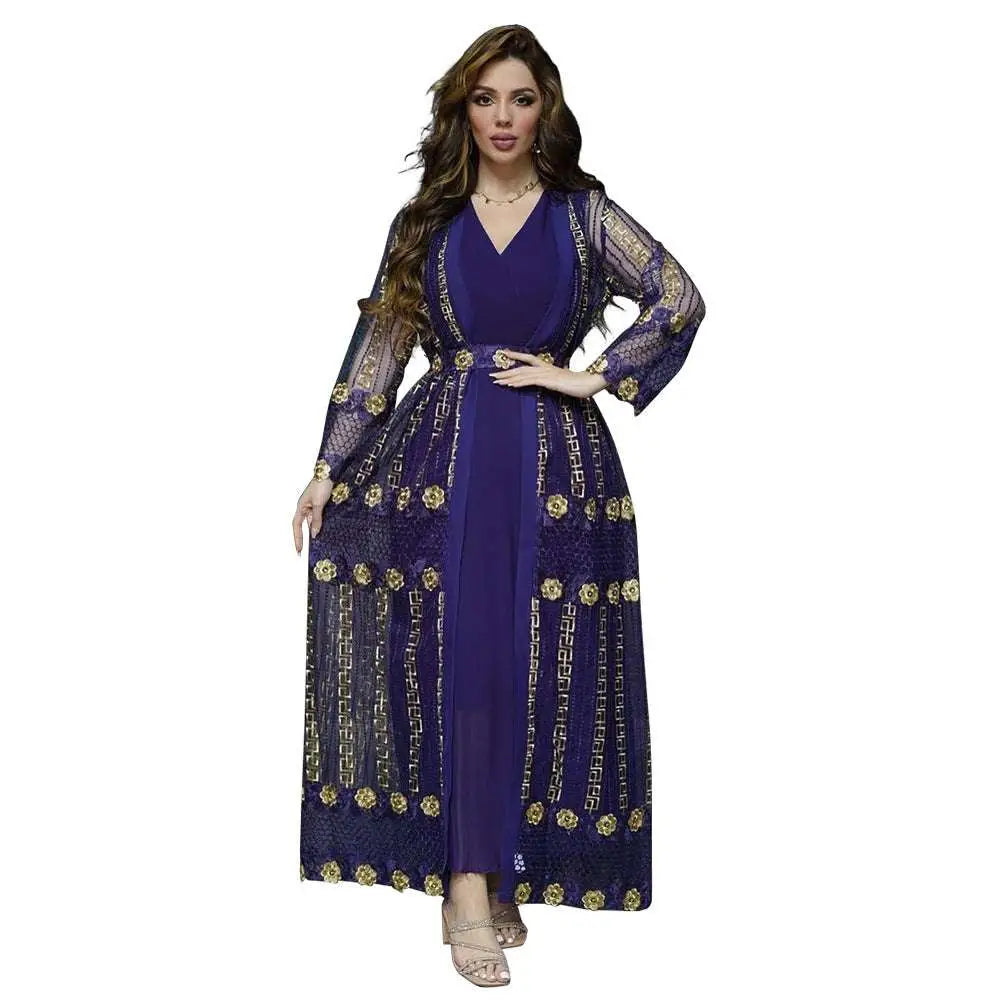A deep purple dress kraft abaya with teal gold embroidered intricate gold floral embroidery on sheer mesh overlay