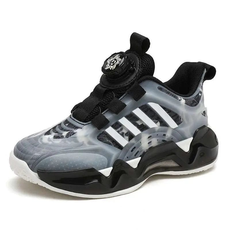 Gray and black adidas shoes rotating button with translucent upper white stripes and dual network sdx closure system
