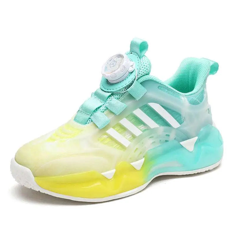 Teal gradient shoes rotating button boy with translucent upper yellow to teal and white stripes featuring dual network sdx