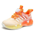 Vibrant orange translucent gradient shoes with white stripes and boa-style lacing system for shoes rotating button use