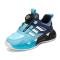 Teal gradient shoes rotating button boy with blue and black adidas design white stripes and translucent toe cap