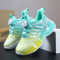 Teal gradient shoes rotating button boy featuring turquoise and yellow mesh sneakers with white three-stripe branding and shoes rotating button lacing system