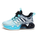 A translucent blue and black adidas teal gradient shoes rotating button sneaker with wave-like dual network sdx sole design