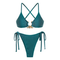 Teal high leg textured metal cutout bikini set with ribbed fabric, gold-toned crossback clasp, and side ties shown from the back