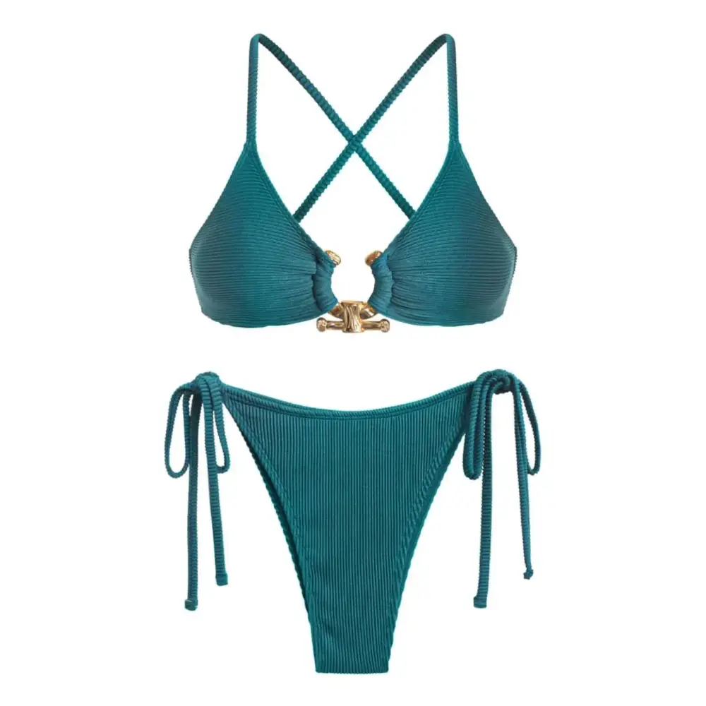 Teal high leg textured metal cutout bikini set with ribbed fabric, gold-toned crossback clasp, and side ties shown from the back