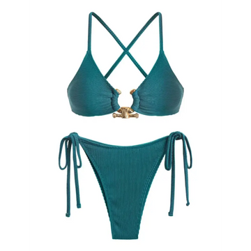 Teal high leg textured metal cutout bikini set with ribbed fabric, gold-toned crossback clasp, and side ties