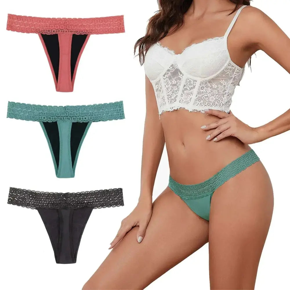 Teal lace leak proof period thong with black inner lining designed for reusable period protection and comfort