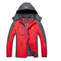 Teal mens harsh winter jacket waterproof hiking hooded with red and gray insulation and black zipper accents by sunshine