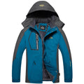 Teal mens harsh winter jacket waterproof hiking hooded with front zipper, multiple pockets, and hooded design