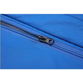 Blue nylon zipper with black metal pull tab on teal mens harsh winter jacket waterproof hiking hooded design