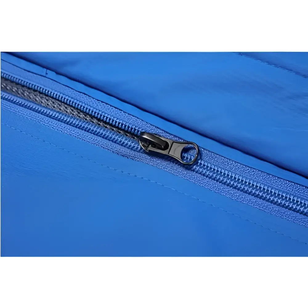 Blue nylon zipper with black metal pull tab on teal mens harsh winter jacket waterproof hiking hooded design