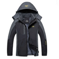 Black and gray two-layer harsh winter jacket with fleece-lined interior, detachable hood, and waterproof hiking hooded design