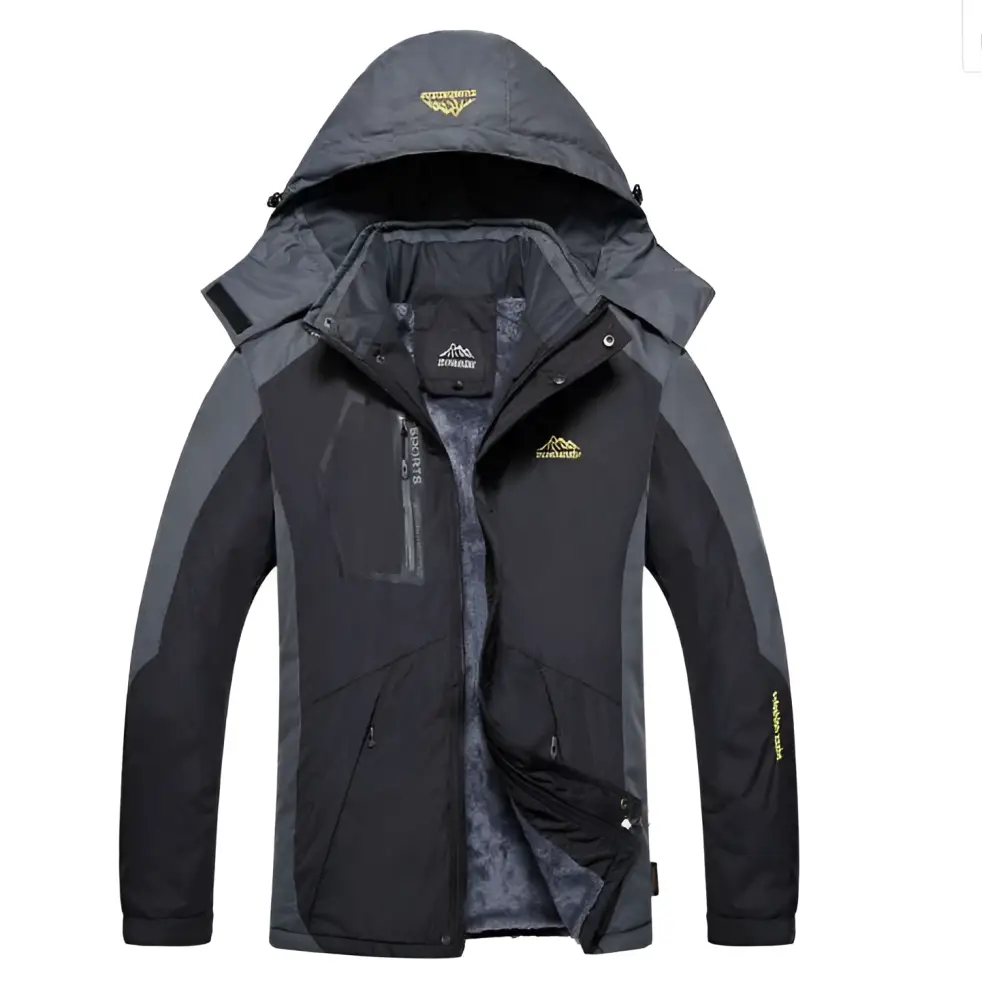 Black and gray two-layer harsh winter jacket with fleece-lined interior, detachable hood, and waterproof hiking hooded design