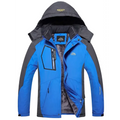Teal mens harsh winter jacket waterproof hiking hooded with blue and gray insulated fleece lining and black zipper accents