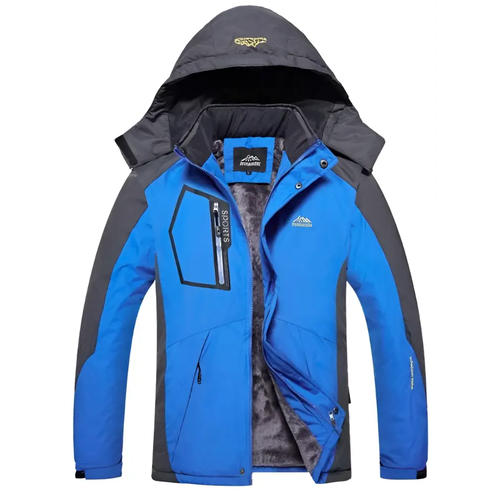 Teal mens harsh winter jacket waterproof hiking hooded with blue and gray insulated fleece lining and black zipper accents