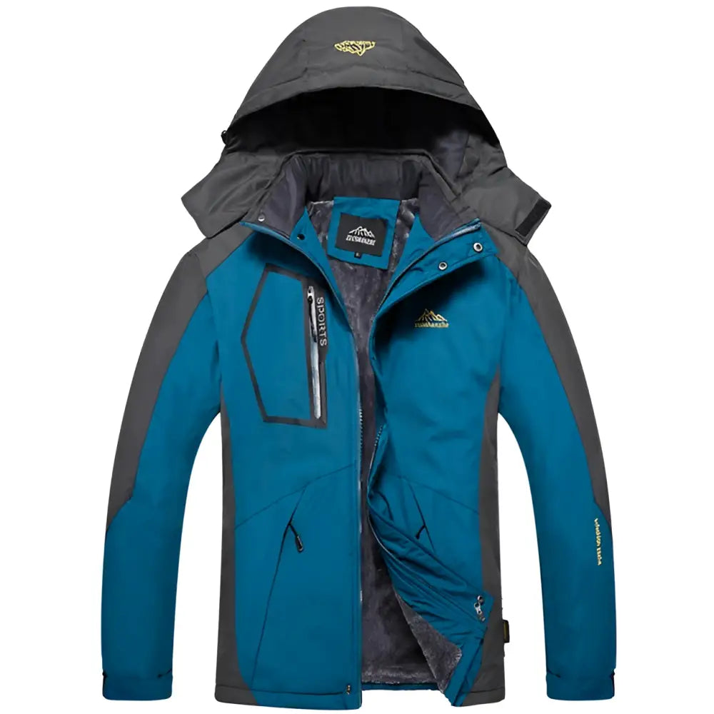 Teal mens harsh winter jacket waterproof hiking hooded with front zipper closure and multiple pockets