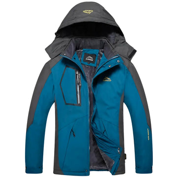 Teal mens harsh winter jacket waterproof hiking hooded with front zipper and multiple pockets for outdoor use