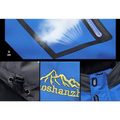 Teal mens harsh winter jacket waterproof hiking hooded with blue material black trim and gold embroidered mountain logo