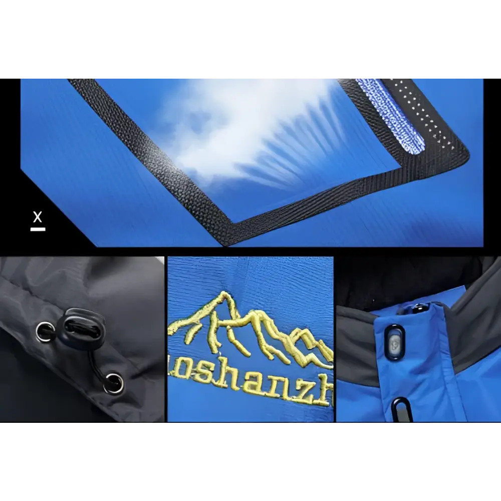 Teal mens harsh winter jacket waterproof hiking hooded with blue material black trim and gold embroidered mountain logo