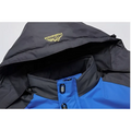 Teal mens harsh winter jacket waterproof hiking hooded in blue and black with yellow embroidered logo on the hood