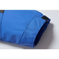 Blue nylon sleeve with black elasticated cuff on teal mens harsh winter jacket waterproof hiking hooded design