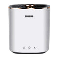 White cylindrical humidifier with rose gold rim and black top branded suanglng for efficient mini portable washing use