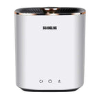 White cylindrical humidifier with rose gold rim and black top branded suanglng for efficient mini portable washing use