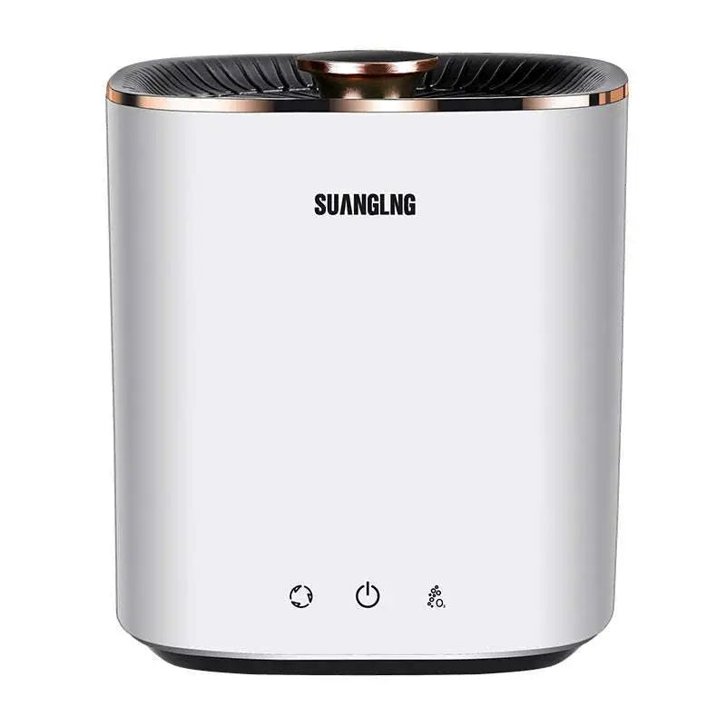 White cylindrical humidifier with rose gold rim and black top branded suanglng for efficient mini portable washing use