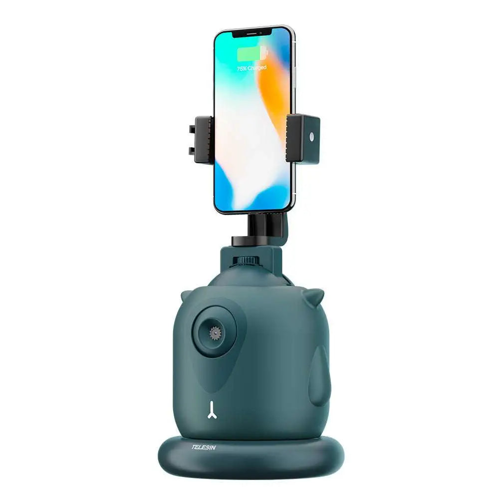 Teal Telesin wireless phone charger with owl-shaped camera design featuring gimbal AI face intelligent follow-up tracking