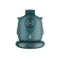 Teal owl-shaped camera with matte finish and small ears featuring gimbal AI face recognition and intelligent follow-up tracking