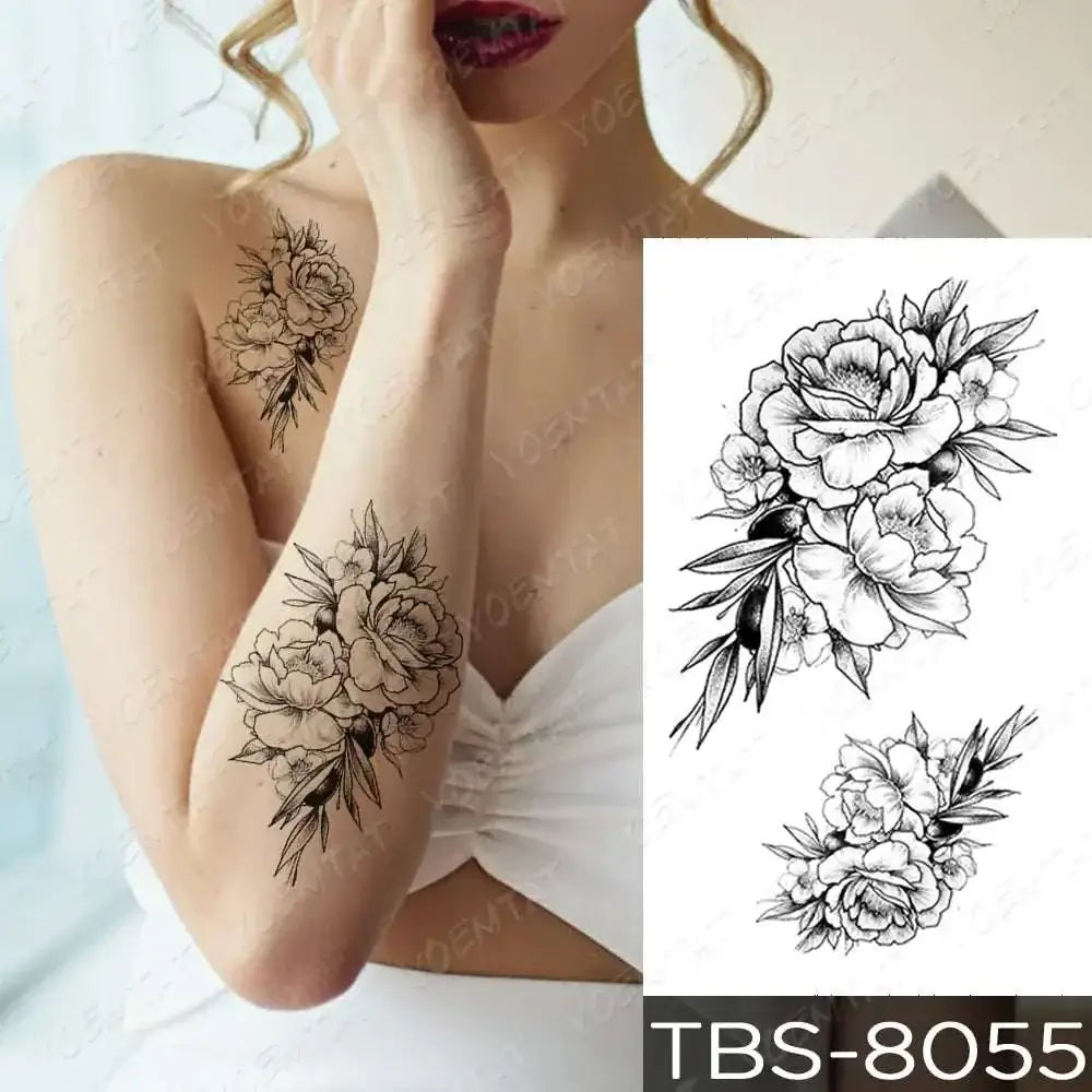 Black and white floral waterproof temporary tattoo stickers with detailed peony designs from teal phoenix collection