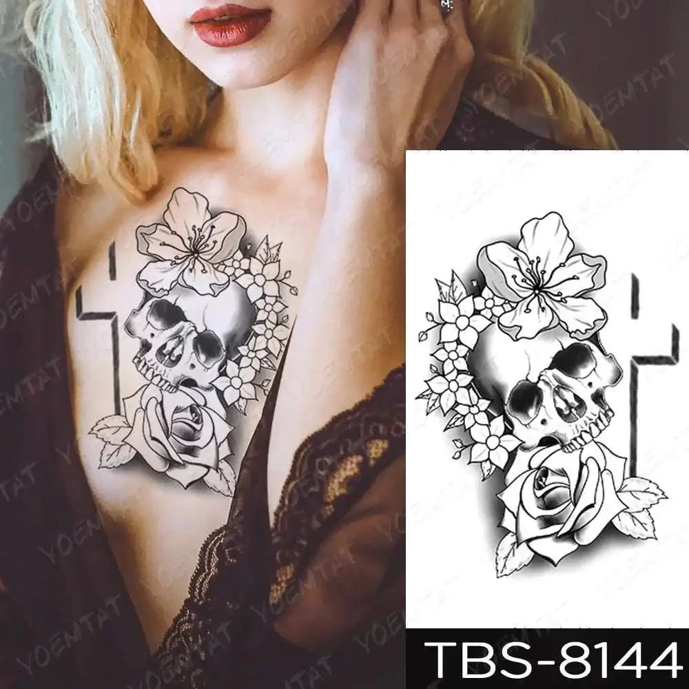 Black and white floral skull temporary body tattoo sticker with rose design from teal phoenix floral waterproof temporary collection