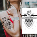 Black floral and geometric teal phoenix temporary body tattoo with intricate mandala patterns and floral waterproof design displayed on skin and template