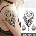 Teal phoenix and floral waterproof temporary tattoo with black and white floral mandala design and detailed rose pattern