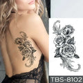 Black and white floral waterproof temporary tattoo sticker featuring intricate rose detailing in teal phoenix design