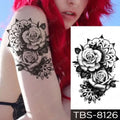 Black and white floral waterproof temporary tattoo featuring two roses with intricate mandala patterns from teal phoenix