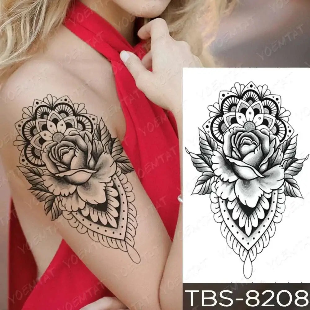 Black and white floral waterproof temporary tattoo with detailed rose mandala design from teal phoenix collection